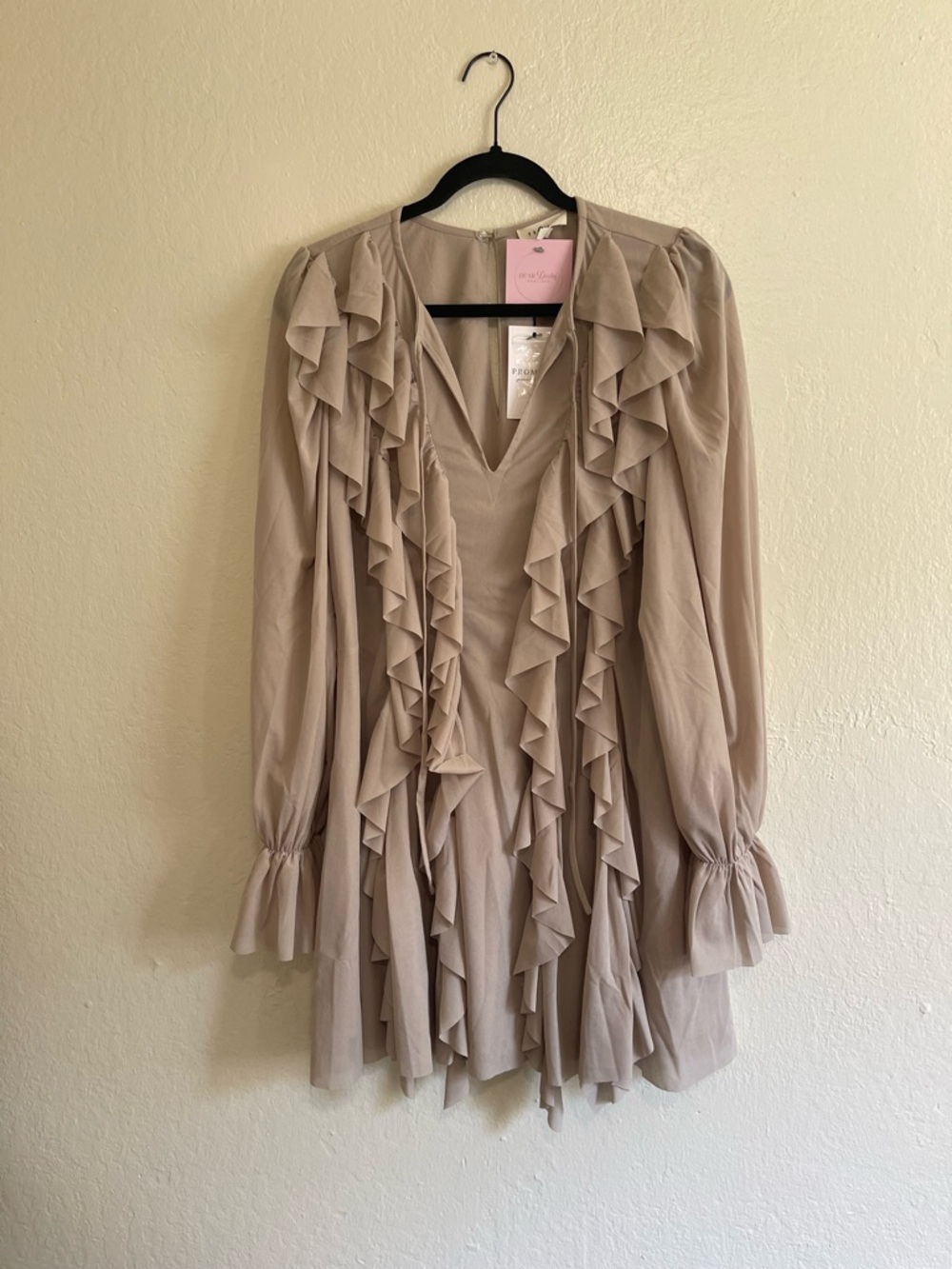 Ruffle Front Long Sleeve Mini Dress in Light Gray - Picture 3 of 5